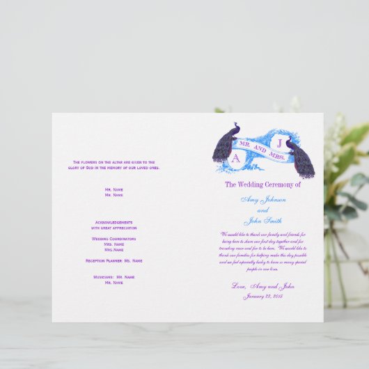 Lila Blue Vintag Peacock Hochzeitsprogramm (Stehend Vorderseite)