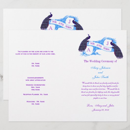 Lila Blue Vintag Peacock Hochzeitsprogramm (Vorne/Hinten)