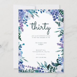 Lila Blue Watercolor Blume 30. Geburtstag Einladung