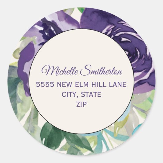 Lila Blue Watercolor Floral Address Runder Aufkleber (Vorderseite)