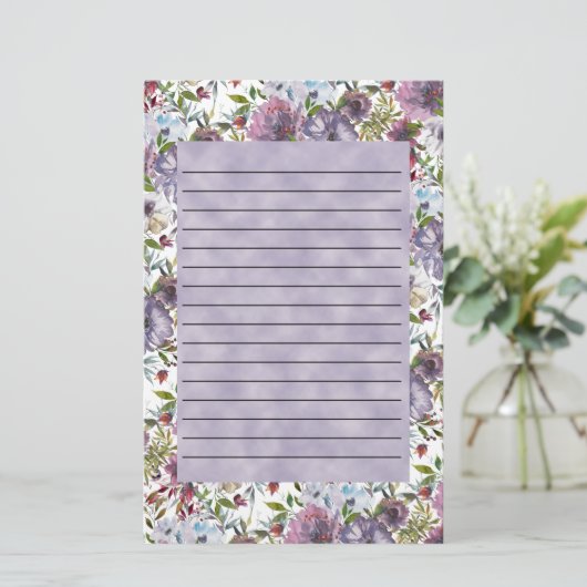 Lila Blue Watercolor Floral Linde Briefpapier (Stehend Vorderseite)