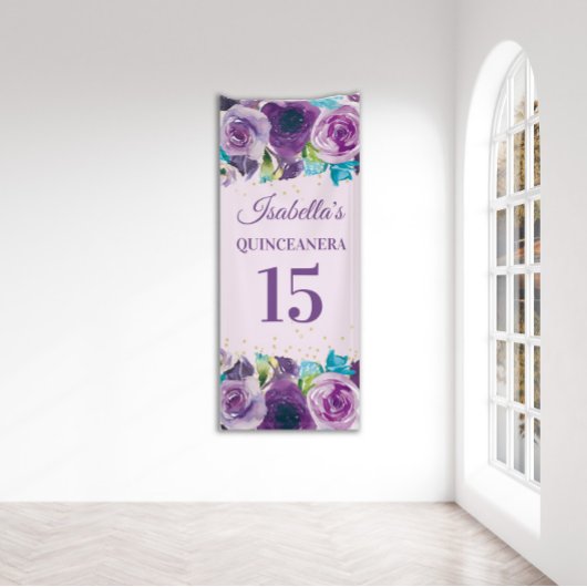 Lila Blue Watercolor Floral Quinceñera Banner