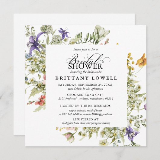 Lila Blue Watercolor Wildblumen Brautparty Einladung (Vorne/Hinten)