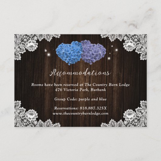 Lila Blue Wedding Hotel Unterkunftskarten Begleitkarte (Vorderseite)