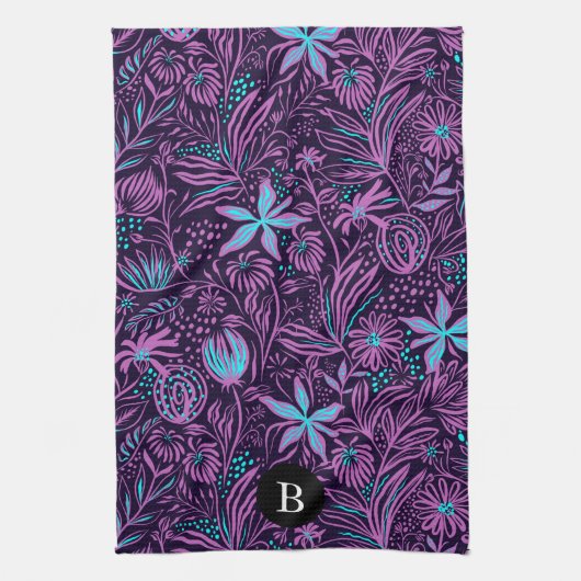 Lila & Blue Wild Blume | Monogramm Geschirrtuch (Vertikal)