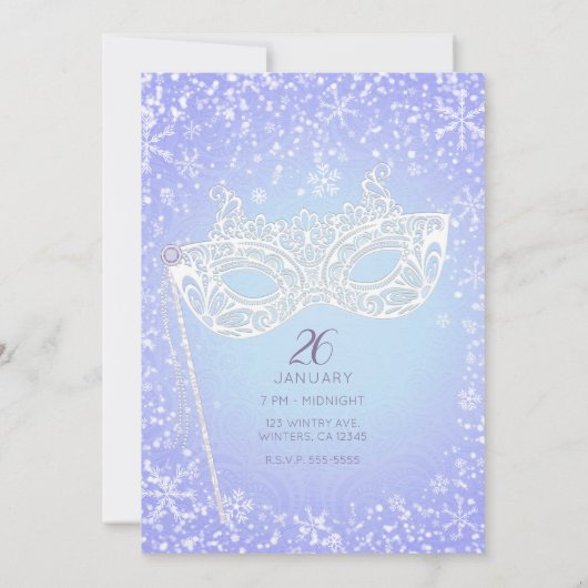 Lila Blue Winter Wonderland Masquerade Sweet 16 Einladung (Rückseite)