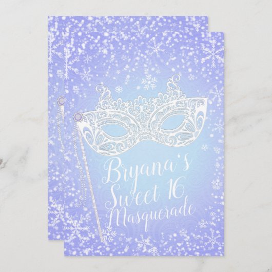 Lila Blue Winter Wonderland Masquerade Sweet 16 Einladung (Vorne/Hinten)