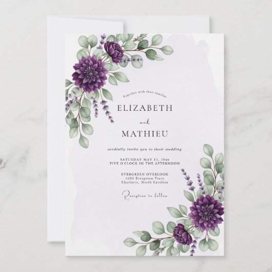 Lila blühende Eukalyptus-Hochzeit Einladung (Vorderseite)