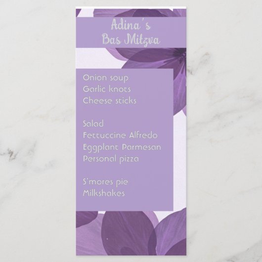 Lila Blume Bas Mitzva Party Menü Menükarte (Vorderseite)