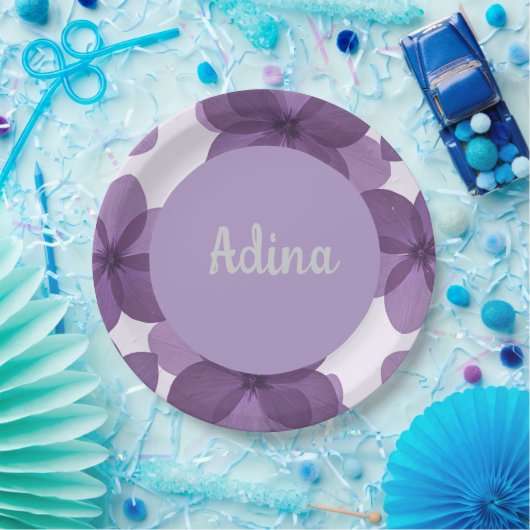 Lila Blume Bas Mitzva Teller mit Namen (Party)
