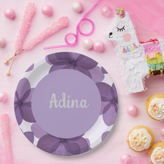 Lila Blume Bas Mitzva Teller mit Namen (Party)