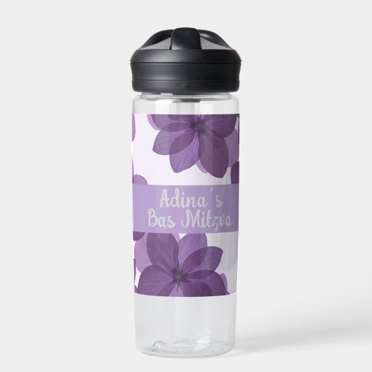 Lila Blume Bas Mitzva Wasserflasche mit Name Trinkflasche (Vorderseite)