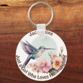 Lila Blume Blue Hummingbird Personalisierter Name Schlüsselanhänger (Vorderseite)