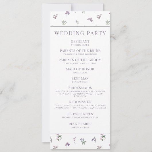Lila Blume blüht botanische Hochzeitsprogramme (Rückseite)