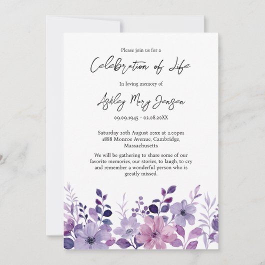 Lila Blume Blumenbeerdigung Einladung (Vorderseite)
