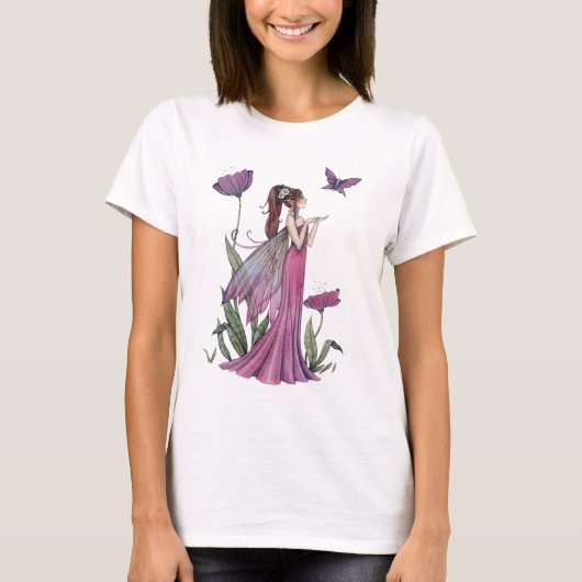 Lila Blume Fairy and Butterfly Fantasy Art T-Shirt (Vorderseite)