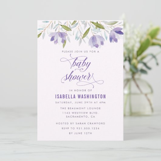 Lila Blume Kinderdusche Einladung (Stehend Vorderseite)