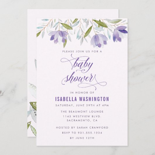 Lila Blume Kinderdusche Einladung (Vorne/Hinten)