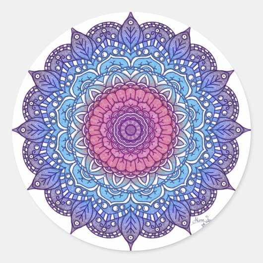 Lila Blume Leaf Mandala Runder Aufkleber (Vorderseite)