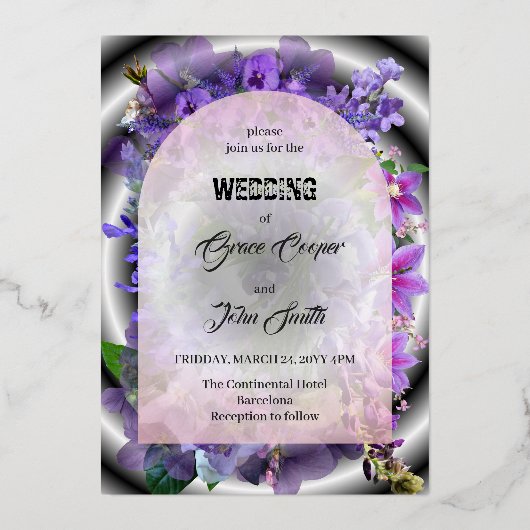 Lila Blume mit komplexem Hintergrund / minimalisti Folieneinladung (Vorderseite)