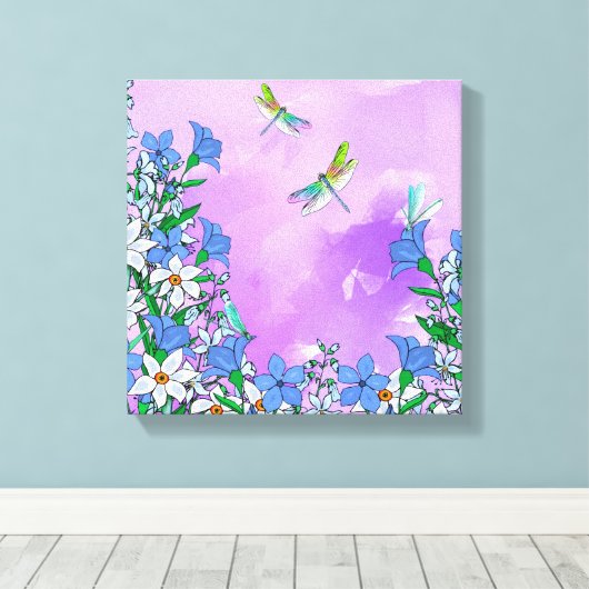 lila Blume mit Libellen Leinwanddruck (Insitu (Holzboden))