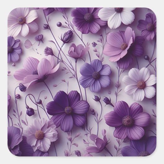 Lila Blume Muster auf weißem Hintergrund Quadratischer Aufkleber (Vorderseite)