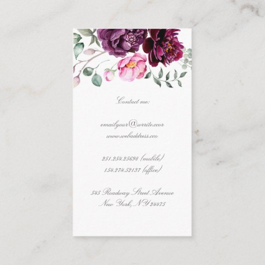 Lila Blume Pflaume Bouquet Elegante Visitenkarte (Rückseite)