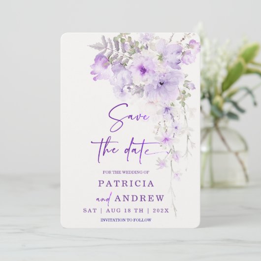 Lila Blume Save the Date Vorlage DIY (Stehend Vorderseite)