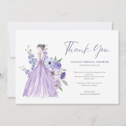 Lila Blume Script-Brautparty Vielen Dank Einladung (Vorderseite)