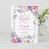 Lila Blume Silberkreuz Rosa 1. Heilige Kommune Einladung (Stehend Vorderseite)