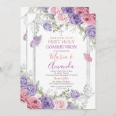 Lila Blume Silberkreuz Rosa 1. Heilige Kommune Einladung (Vorne/Hinten)