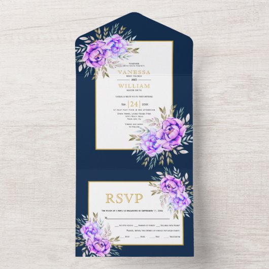 Lila Blume und Blätter All In One Einladung (Innen Boden)