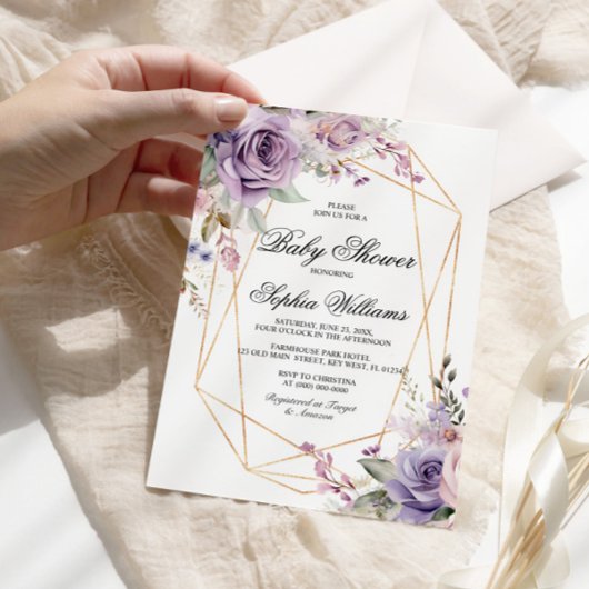 Lila Blume und Blush Rose Kinderdusche Einladung