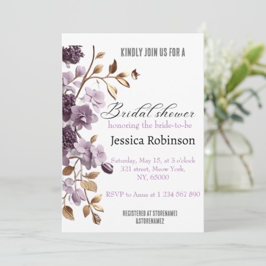 "lila Blume und Brautparty aus Blattgold" Einladung (Stehend Vorderseite)