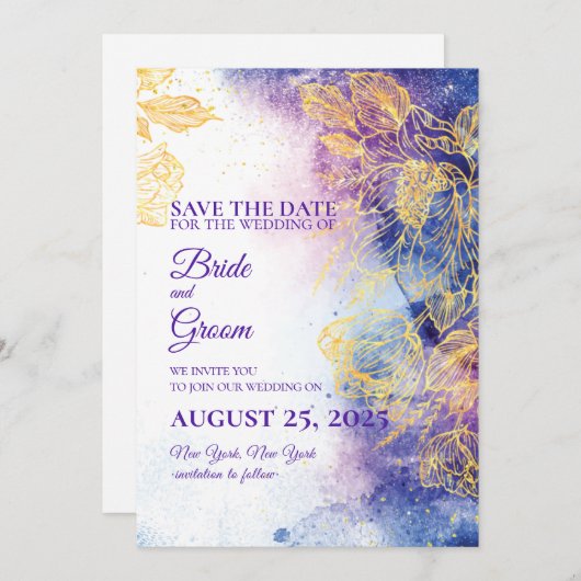 Lila Blume und Gold Save the Date Karte (Vorne/Hinten)