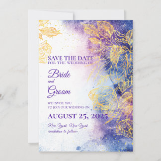 Lila Blume und Gold Save the Date Karte