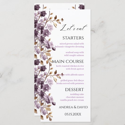 Lila Blume und Goldblatt essen wir Weeding Menu Menükarte (Vorne/Hinten)