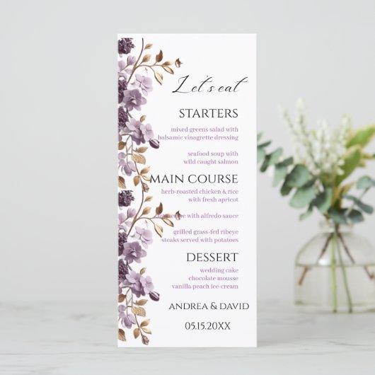 Lila Blume und Goldblatt essen wir Weeding Menu Menükarte (Stehend Vorderseite)