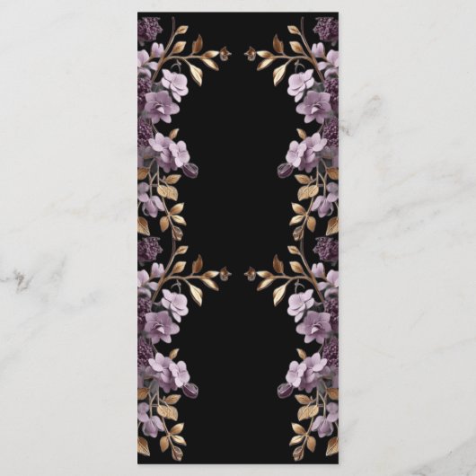 Lila Blume und Goldblatt essen wir Weeding Menu Menükarte (Rückseite)