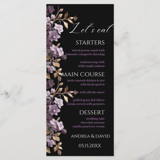 Lila Blume und Goldblatt essen wir Weeding Menu Menükarte (Vorderseite)
