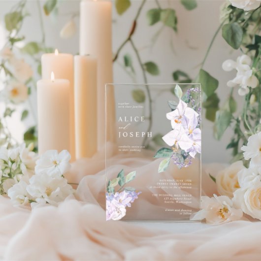 Lila Blume und Hochzeit im Grünen Acryleinladungen