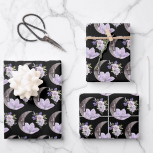 Lila Blume- und Mondumschlagpapier Geschenkpapier Set