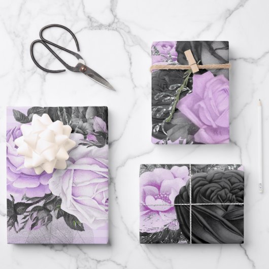 LILA BLUME UND PATTERIEN FÜR SCHWARZSILBER GESCHENKPAPIER SET (Vorderseite)