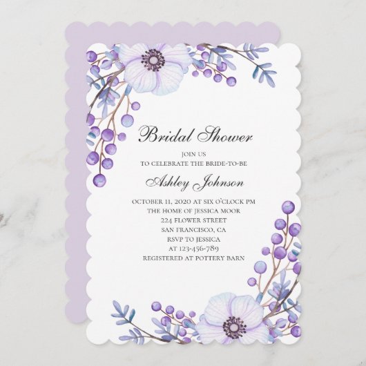 Lila Blume. Violett-Brautparty Einladung (Vorne/Hinten)