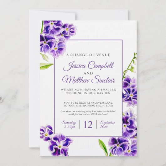 Lila Blume Wechsel des Veranstaltungsortes Einladung (Vorderseite)