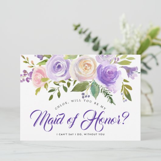 Lila Blume wird meine Trauzeugin sein Einladung (Stehend Vorderseite)