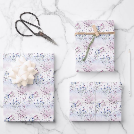 Lila Blumen auf Weiß Geschenkpapier Set (Vorderseite)