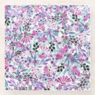 Lila Blumen & Beeren: Aquarell Glasuntersetzer