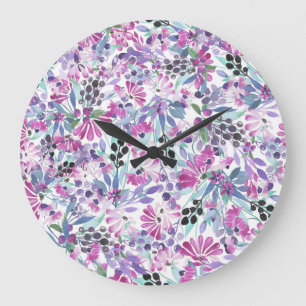 Lila Blumen & Beeren: Aquarell Große Wanduhr