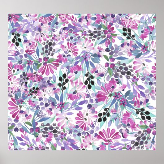 Lila Blumen & Berries: Aquarell Poster (Vorne)